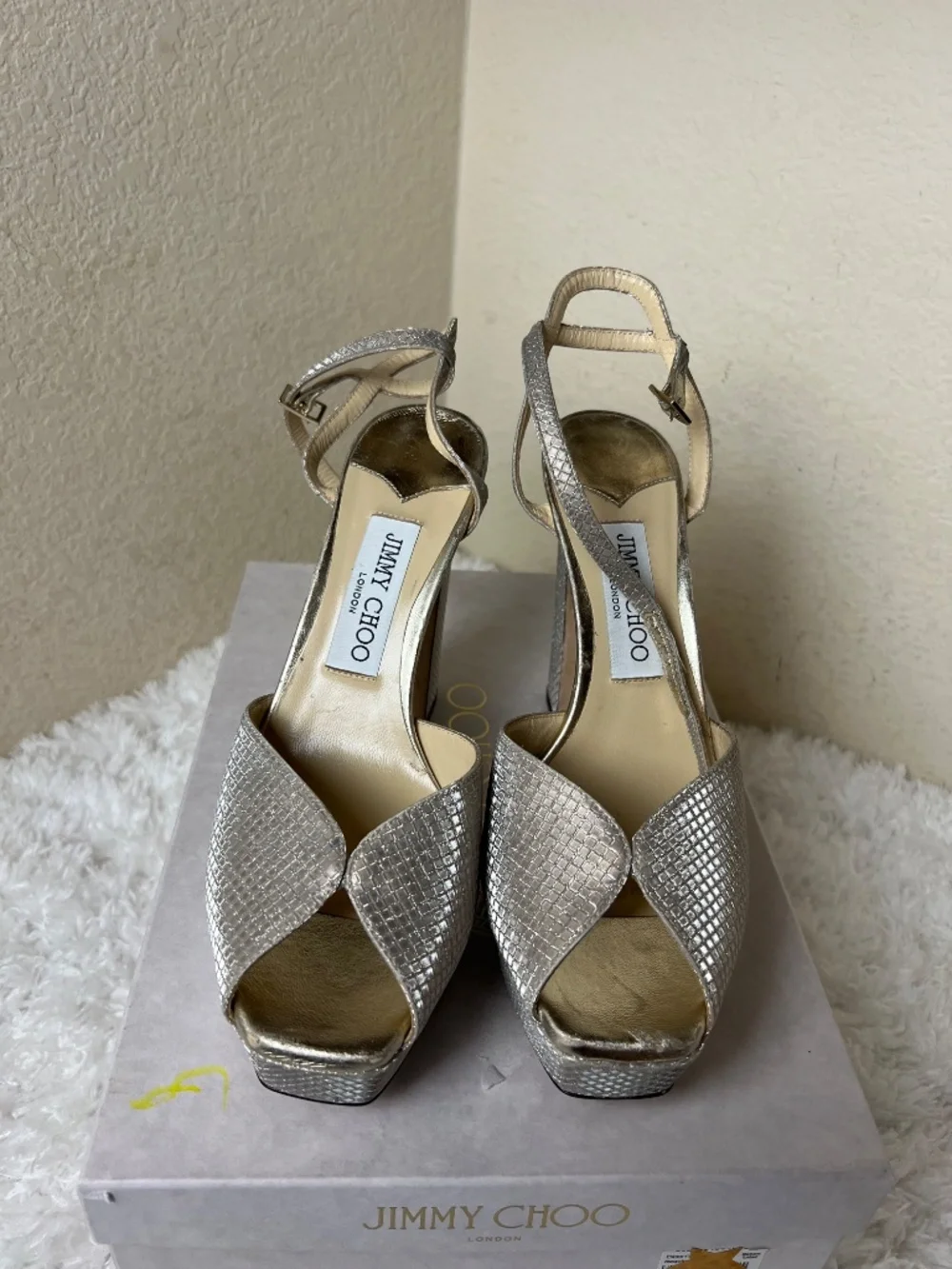 Jimmy Choo Gold Platform Sandal Size 37.5/ 7.5